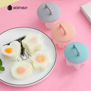 megadeal צעצועים WORTHBUY 4 Pcs/Set Cute Egg Boiler Plastic Egg Poacher Set Kitchen Egg Cooker Tools Egg Mold Form With Lid Brush Pancake Maker